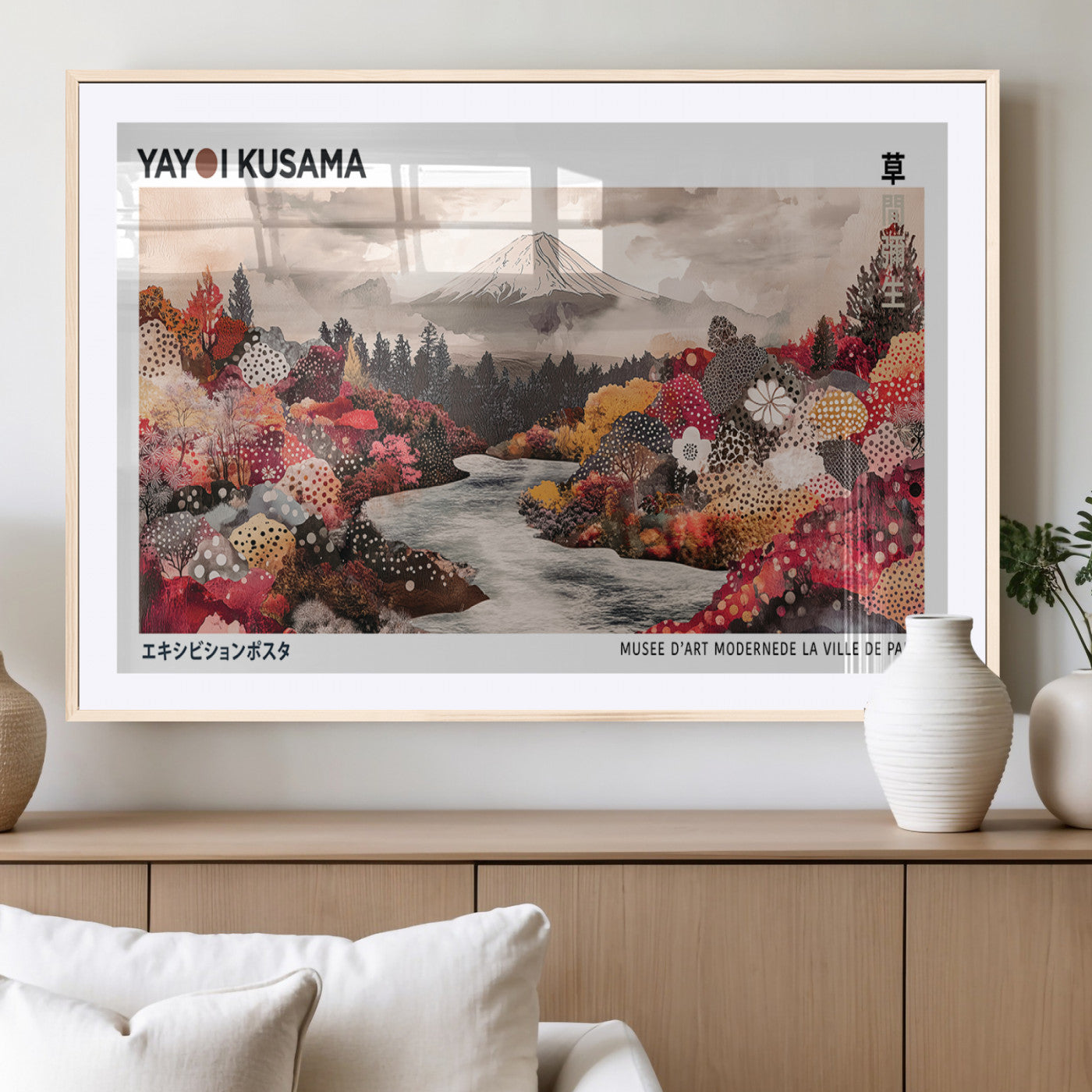 MGC-FP-36x24 - Modern Japanese Wall Art Print, Yayoi Kusama Canvas Wall Art, Abstract Mount Fuji Art Canvas Print,