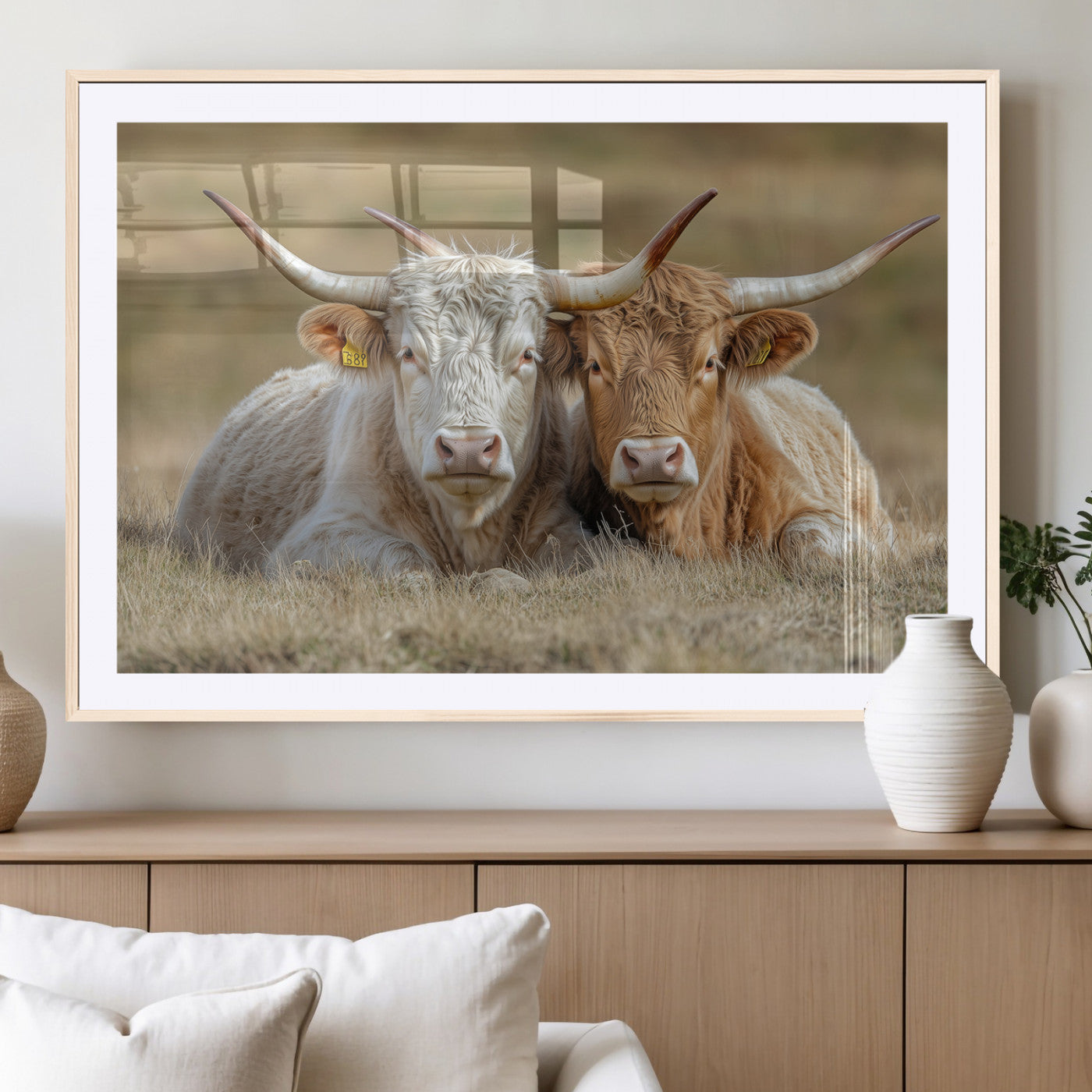 Two cows laying closely in a dry grassy field, captured in soft light, perfect for rustic farmhouse or western style home decor.