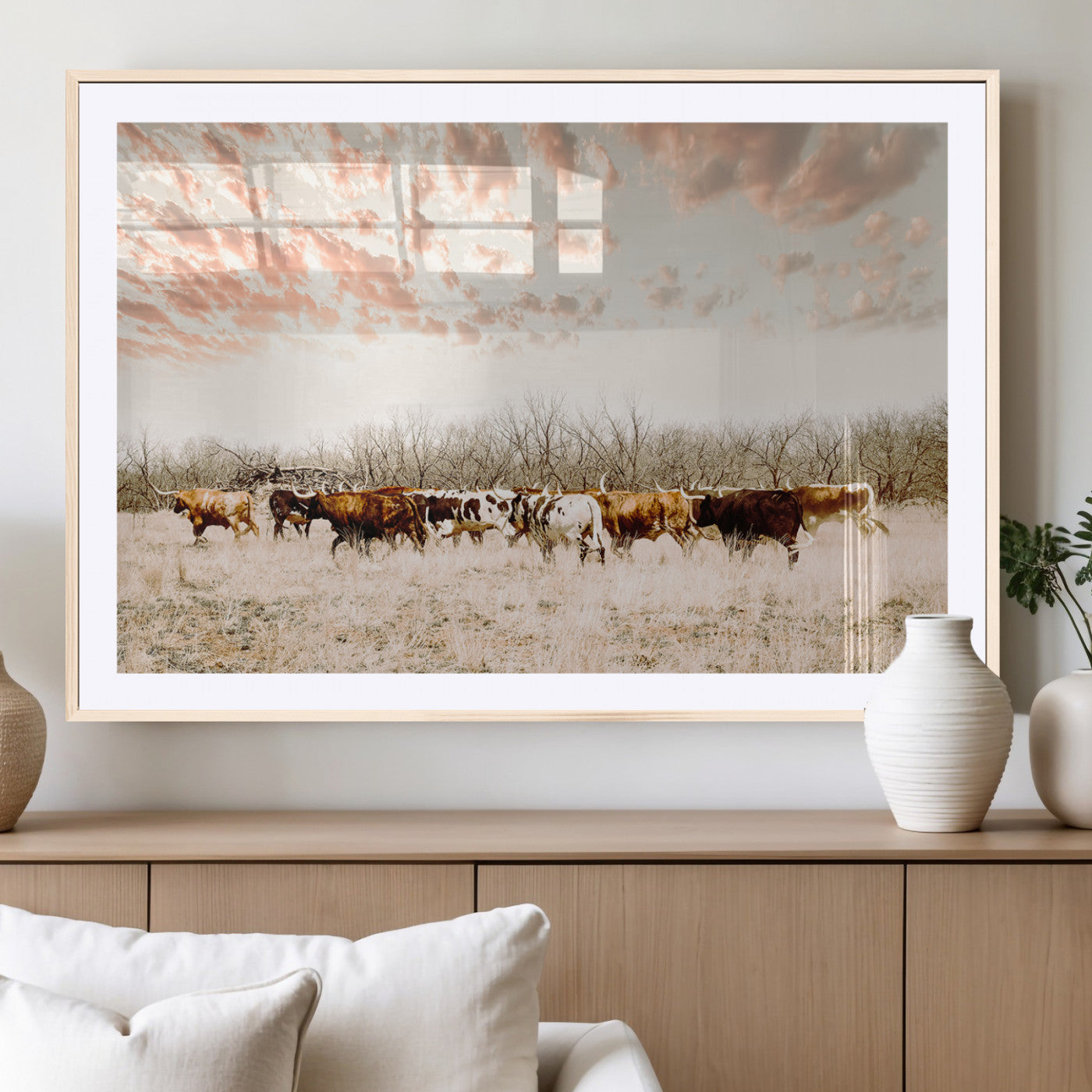 Cattle herd in a soft-toned field under a pastel pink sky, creating a peaceful rustic feel, perfect for farmhouse or western-themed spaces.
