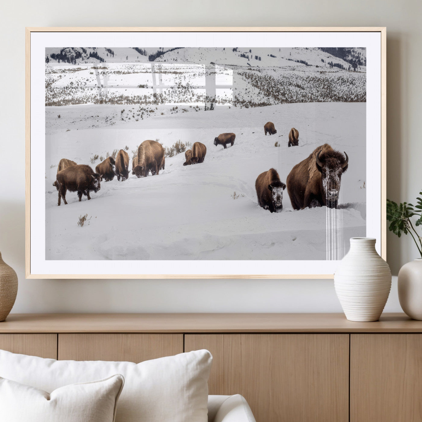 A herd of bison walking through deep snow in a mountain valley, perfect for rustic, cabin or western-themed wall decor.