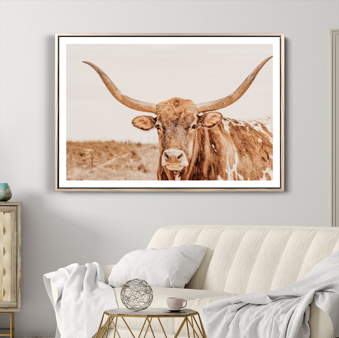 Longhorn Bull Wall Art Canvas Print, Framed Western Cow Art Picture Print, Rustic Farmhouse Perfect Neutral Farmhouse Decor