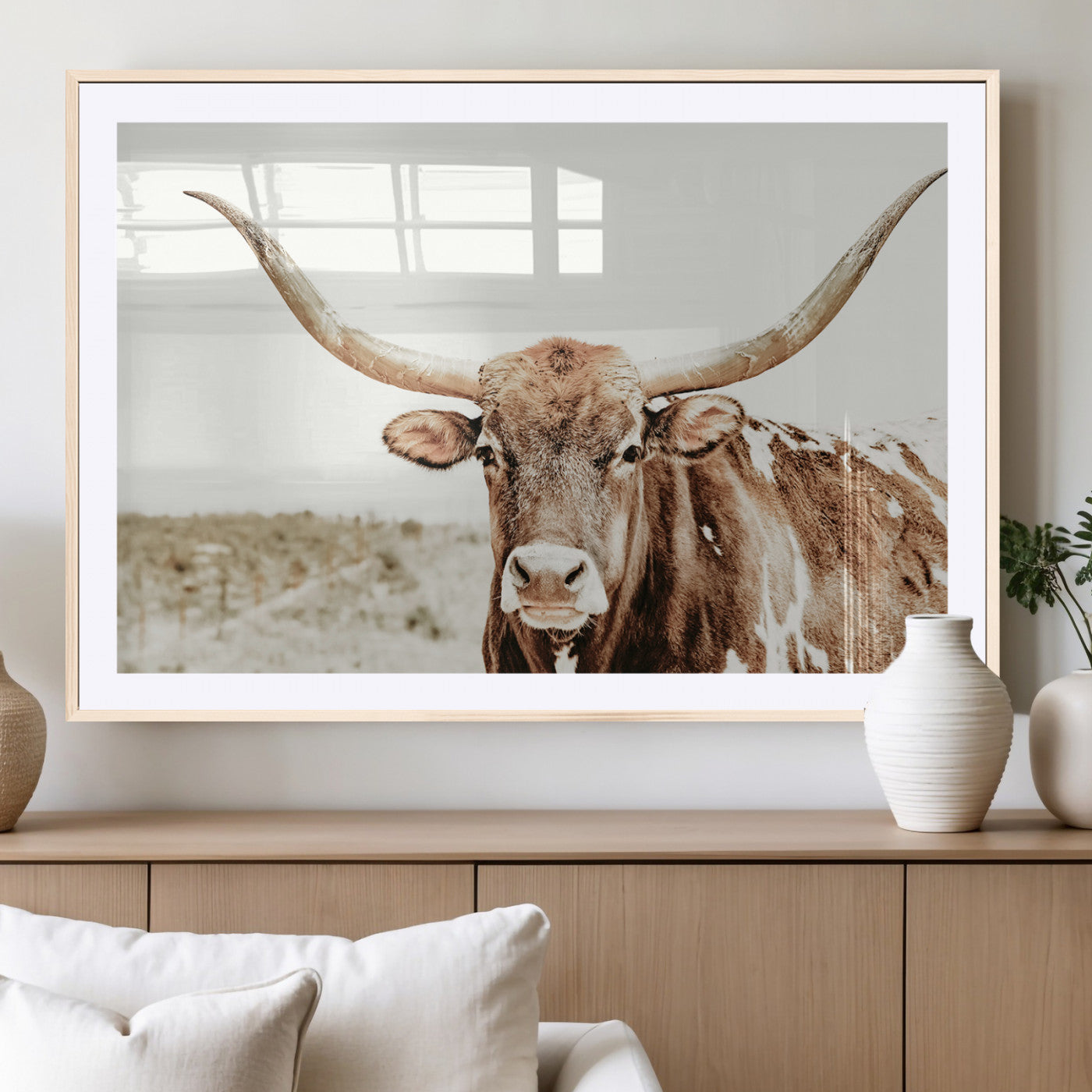 A Texas longhorn bull with wide horns, standing in a dry field under soft light, ideal for rustic farmhouse or western-themed interiors.