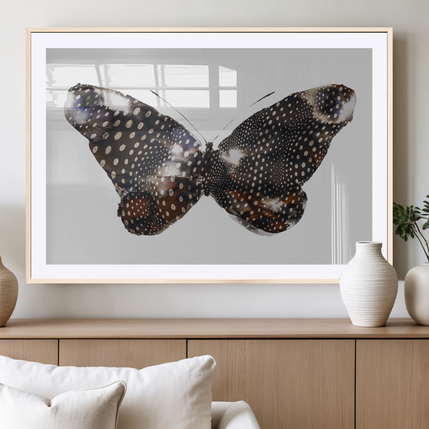 MGC-FP-36x24 - Spotted Butterfly Wall Art Canvas Print, Framed Neutral Insect Theme Art Picture Print, Earthy Wing Pattern Perfect Modern Rustic Decor Artwork