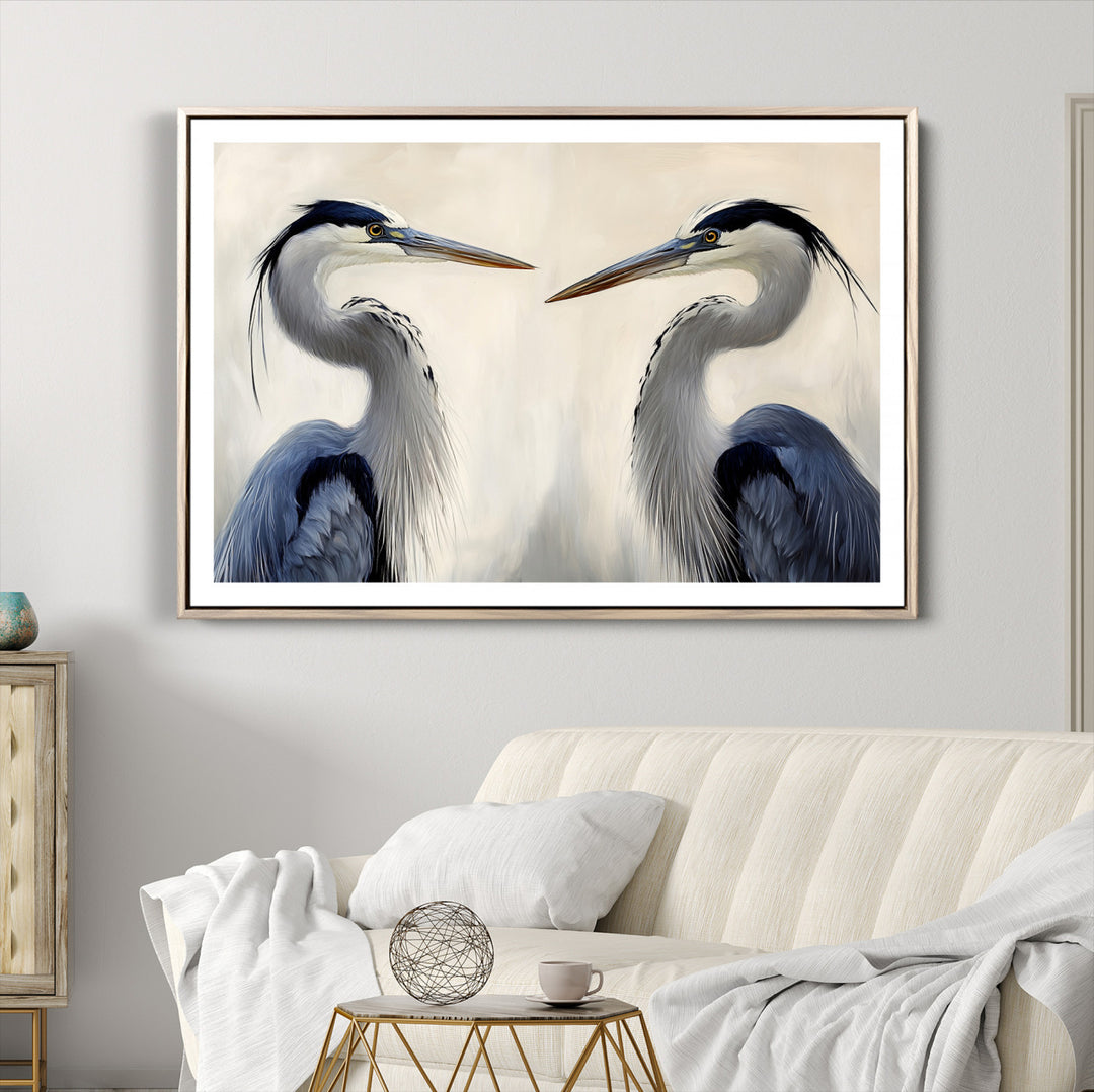 Blue Heron Pair Wall Art Canvas Print, Coastal Bird Theme Print, Framed Tranquil Wildlife Scene Art Print, Large Nature Inspired Decor Printing