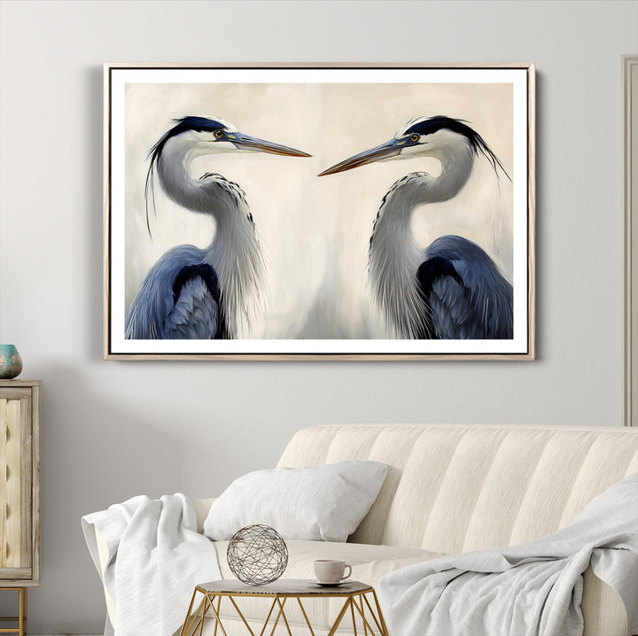 Blue Heron Pair Wall Art Canvas Print, Coastal Bird Theme Print, Framed Tranquil Wildlife Scene Art Print, Large Nature Inspired Decor Printing
