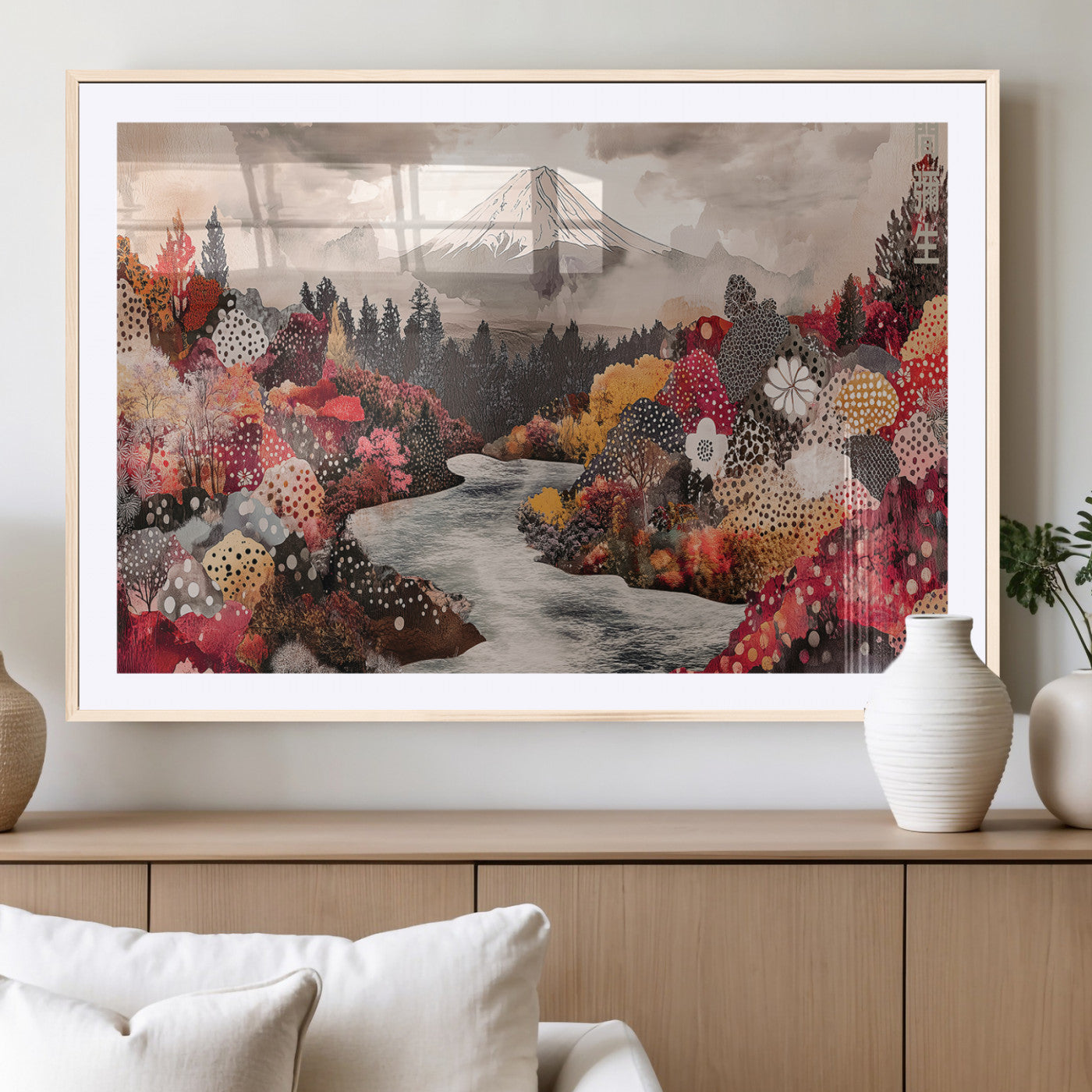 A whimsical mountain landscape with floral autumn trees, river, and misty peak, ideal for cozy, cottagecore, and nature-inspired wall decor.