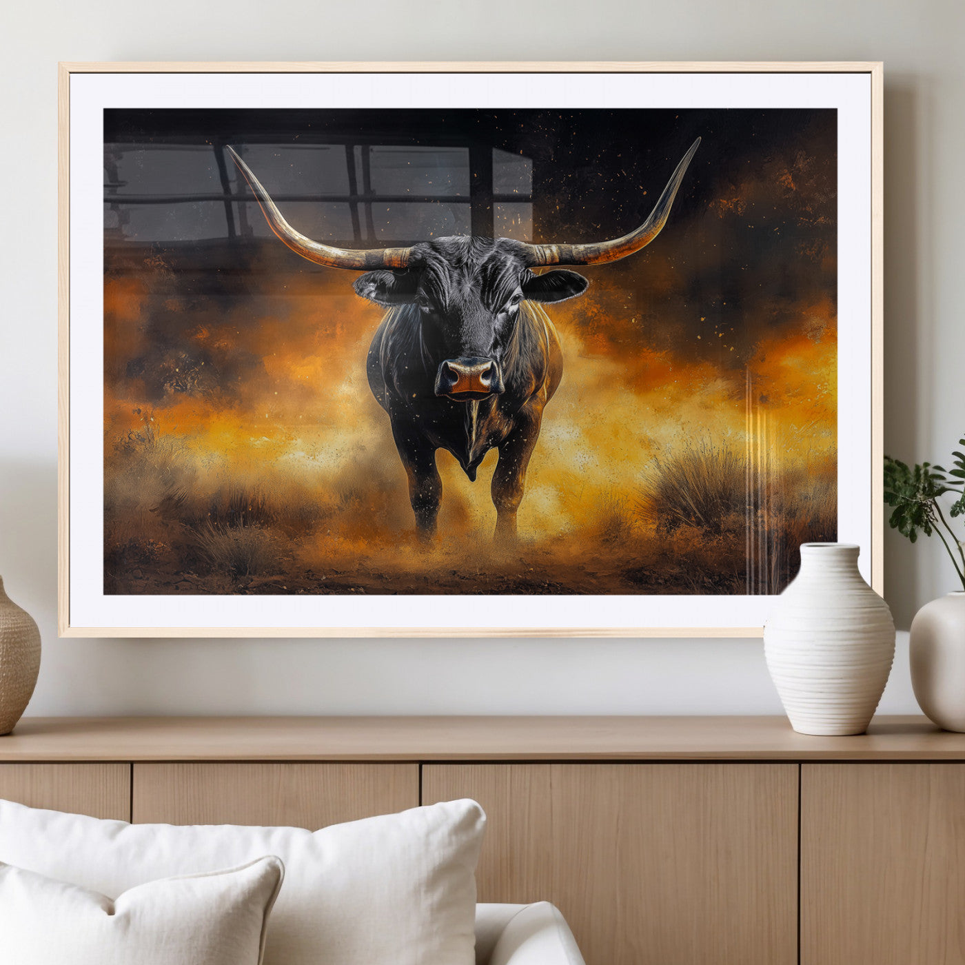 MGC-FP-36x24 - Longhorn Canvas Wall Art Canvas Print, Framed Bold Bull Wall Art Art Picture Print, Western Animal Decor Perfect Western Dramatic Decor Artwork