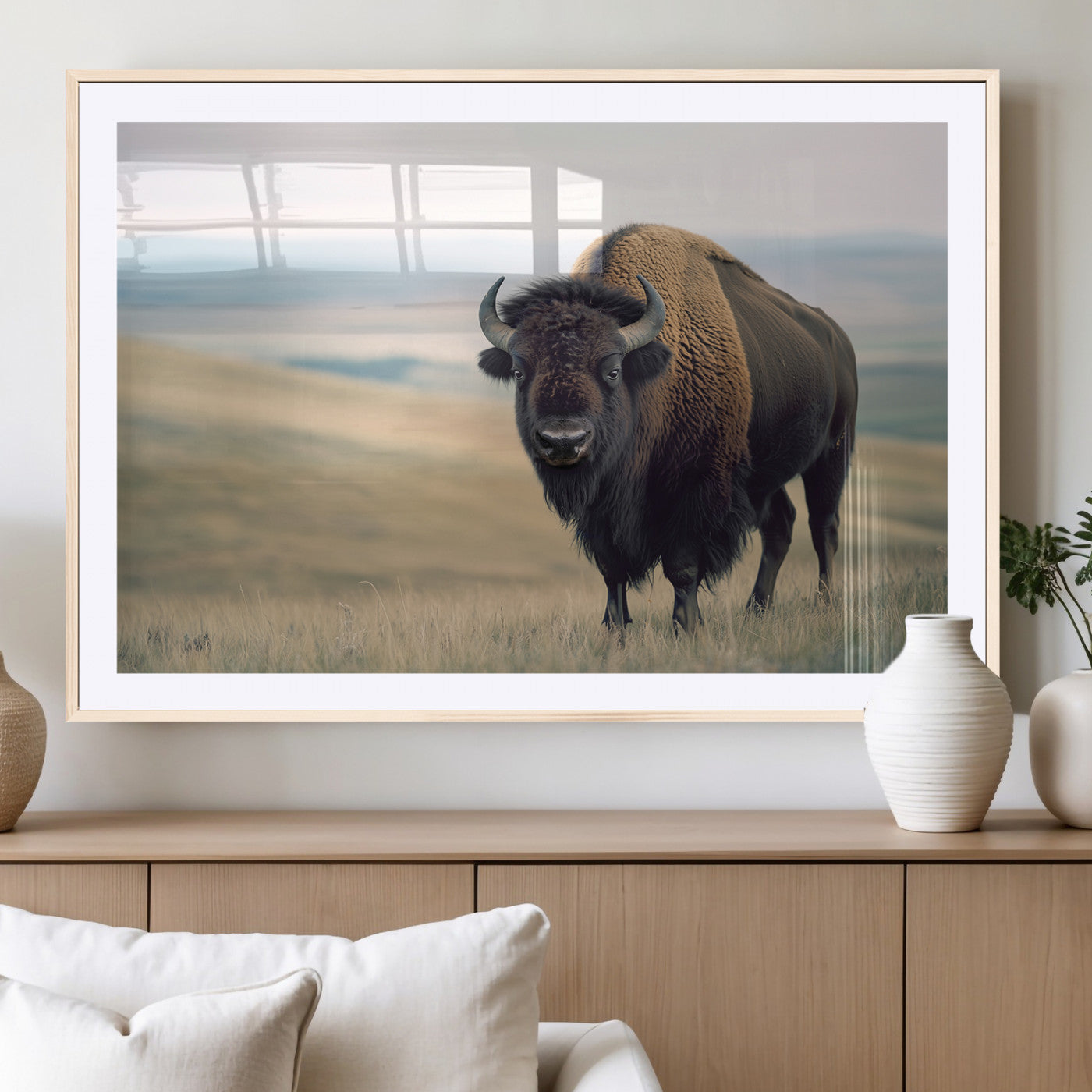 A bison standing strong on a grassy prairie with rolling hills in the background, perfect for rustic and Western-inspired wall decor.