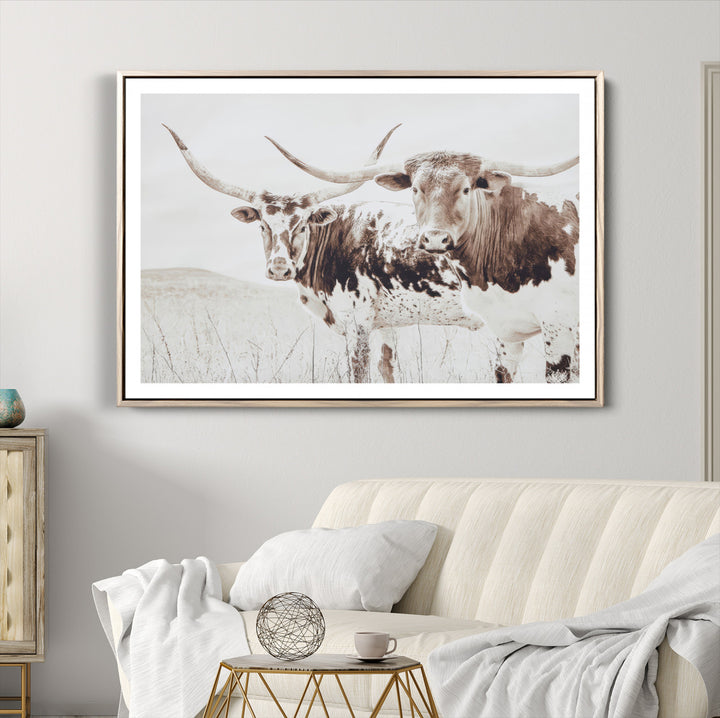 Longhorn Wall Art Wall Art Canvas Print, Western Cow Canvas Print, Framed Rustic Farm Decor Art Print, Large Neutral Animal Scene Printing