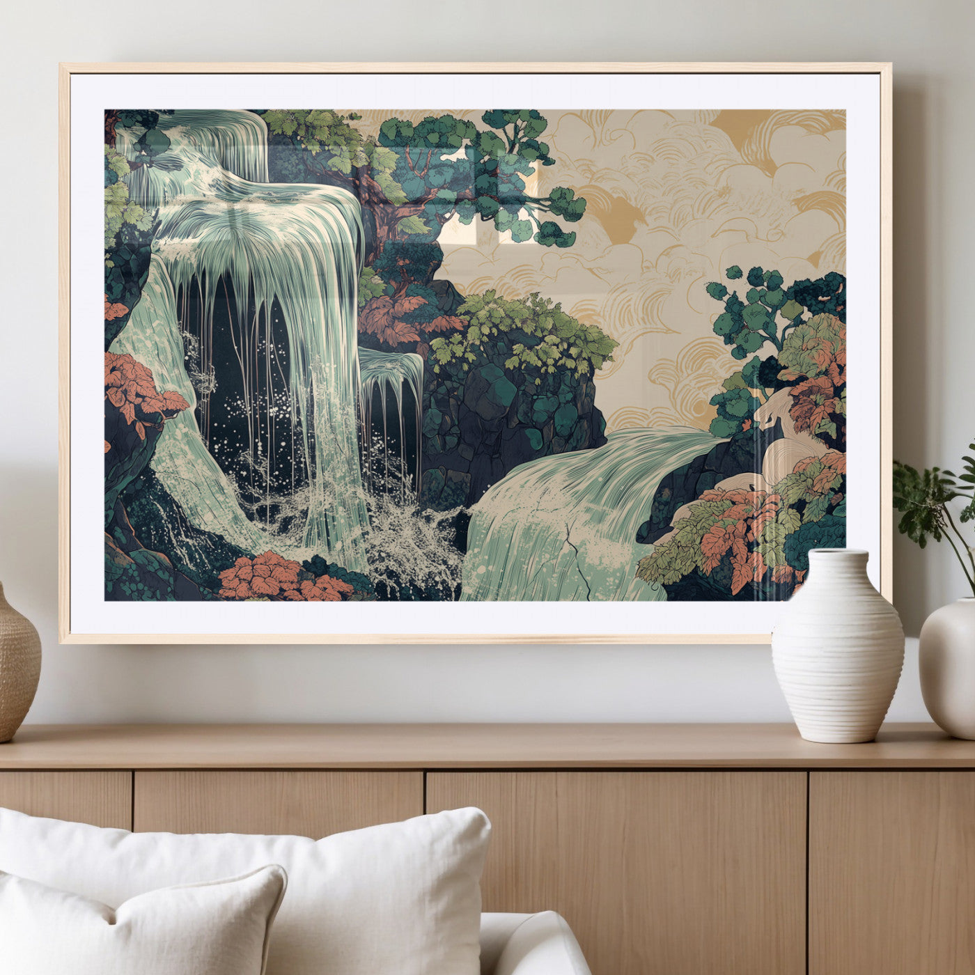 Stylized waterfall flowing through rocky terrain and lush foliage in an oriental art style, ideal for peaceful and nature-themed interiors.