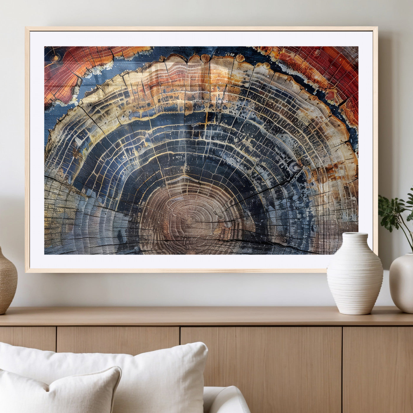 Close-up of petrified wood with rich earthy tones and intricate tree rings, highlighting natural texture and organic patterns.
