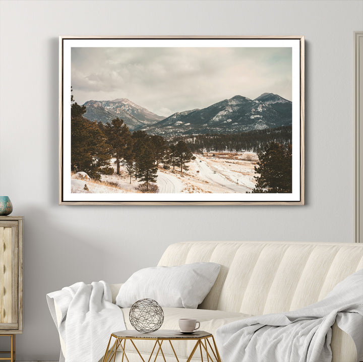 Mountain Landscape Wall Art Canvas Print, Framed Snowy Peaks Art Picture Print, Alpine Aesthetic Perfect Rustic Winter Decor Artwork