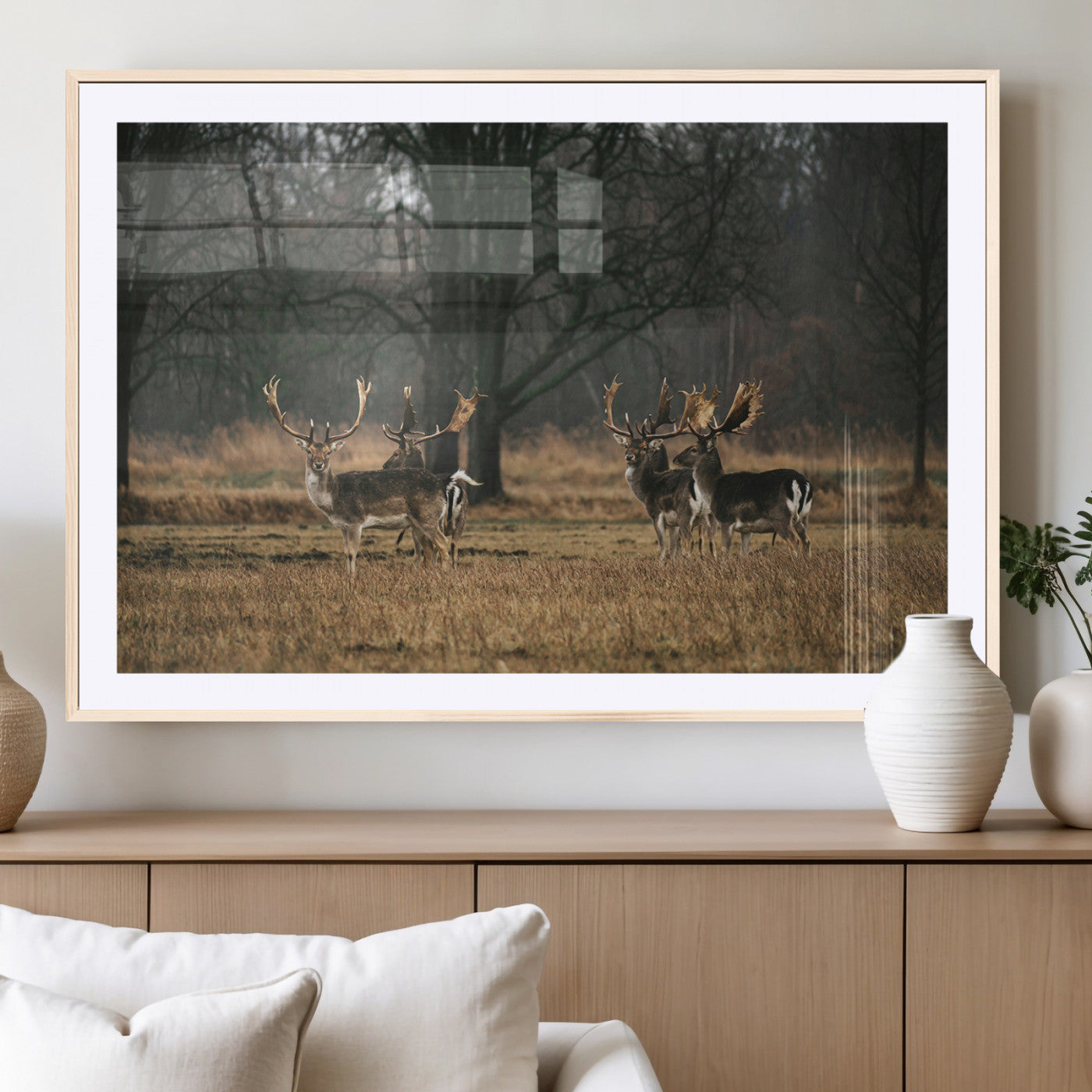 A group of majestic deer standing in a golden field with bare trees in the background, creating a peaceful woodland scene.