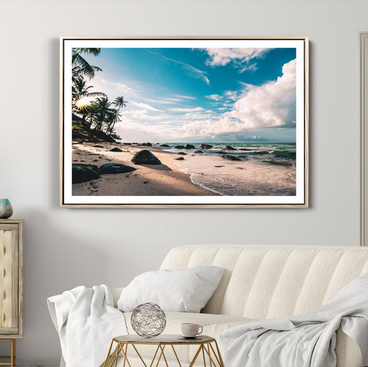 Tropical Beach Wall Art Canvas Print, Framed Ocean Waves Art Picture Print, Relaxing Seascape Perfect Tropical Coastal Decor Artwork