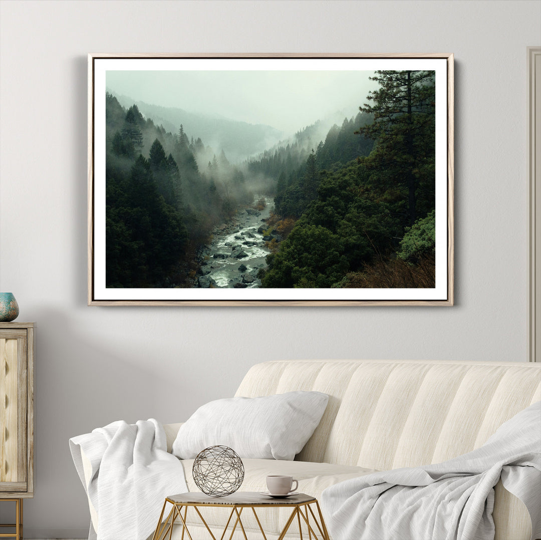 Misty Forest Wall Art Canvas Print, Framed Foggy River Art Picture Print, Moody Landscape Perfect Wilderness Decor Artwork