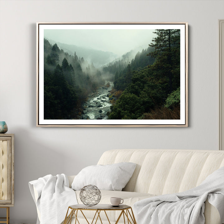 Misty Forest Wall Art Canvas Print, Framed Foggy River Art Picture Print, Moody Landscape Perfect Wilderness Decor Artwork