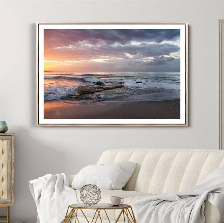 Golden Hour Wall Art Canvas Print, Framed Tranquil Waves Art Picture Print, Beach Perfect Coastal Serenity Decor Artwork