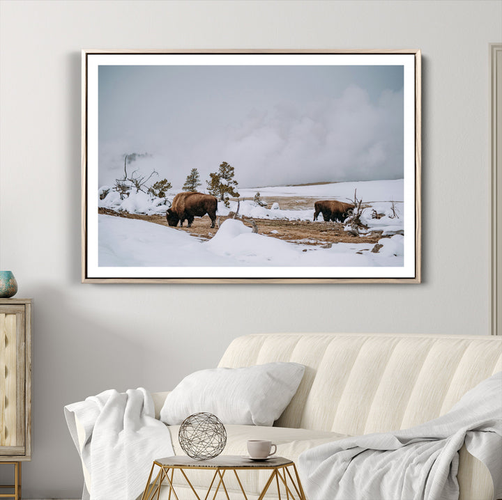 Bison Wildlife Wall Art Canvas Print, Framed Snowy Prairie Art Picture Print, Western Perfect Rustic Decor Artwork