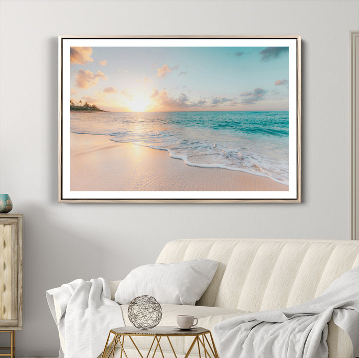 Beach Sunset Wall Art Canvas Print, Framed Ocean Waves Art Picture Print, Summer Escape Perfect Coastal Decor Artwork
