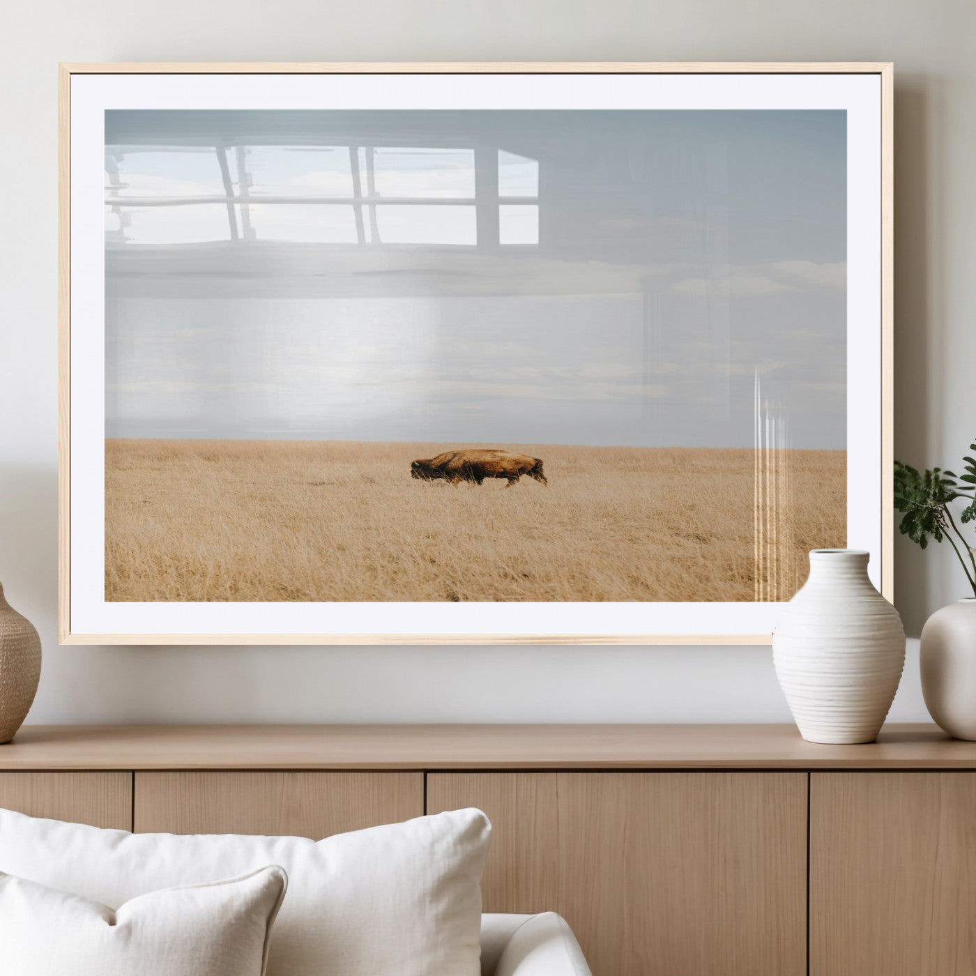 MGC-FP-36x24 - Minimalist Nature Wall Art Canvas Print, Framed Bison In Grassland Art Picture Print, Open Field Perfect Modern Ranch Decor Decor Artwork