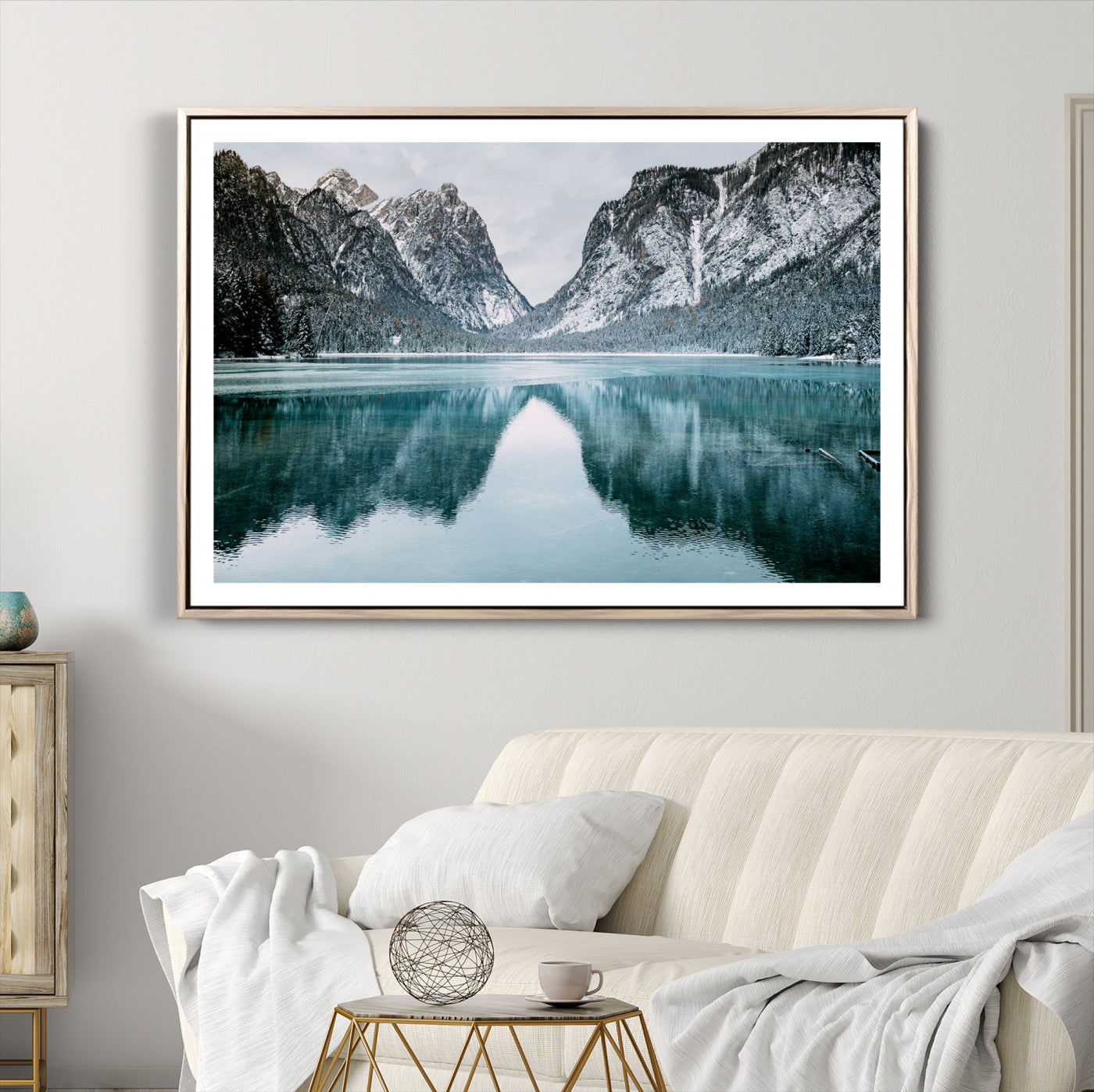73098373-MGV-CV-36X24-Mountain Lake Wall Art Canvas Print – Snowy Peaks Winter Wonderland Scene Serene Nature Landscape Artwork for Home Office