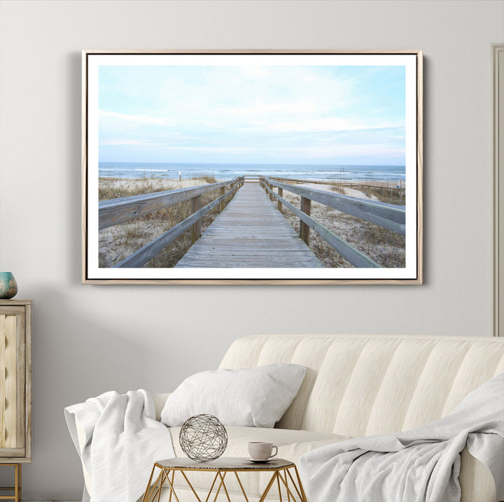 Beach Boardwalk Wall Art Canvas Print, Framed Coastal Serenity Art Picture Print, Ocean View Perfect Coastal Decor Artwork