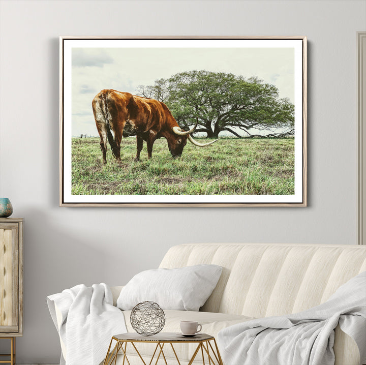 Texas Longhorn Wall Art Canvas Print, Framed Rustic Ranch Art Picture Print, Western Cattle Perfect Rustic Farmhouse Decor Artwork