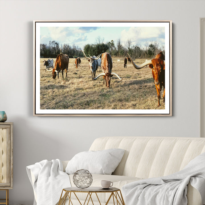 Texas Longhorns Wall Art Canvas Print, Framed Rustic Farm Scene Art Picture Print, Western Cattle Print Canvas Perfect Rustic Farmhouse