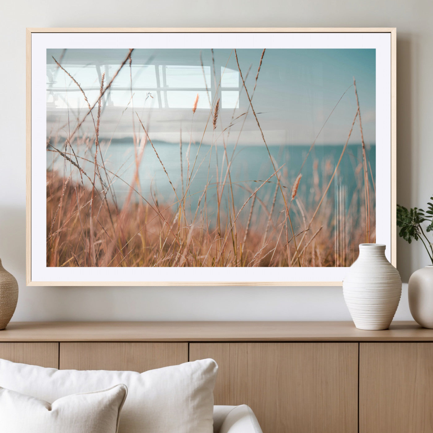 36108696-MGC-FP-40x30-Golden Beach Grass Ocean Breeze Soft Focus Tranquil Coastal Calm Blue Sky Seascape Nature Wall Art Canvas Print
