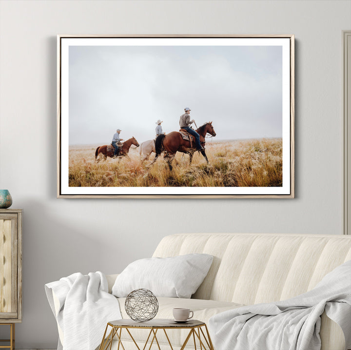 Western Cowboys Wall Art Canvas Print, Framed Rustic Prairie Art Picture Print, Horseback Riding Print Canvas, Perfect Rustic Western Decor