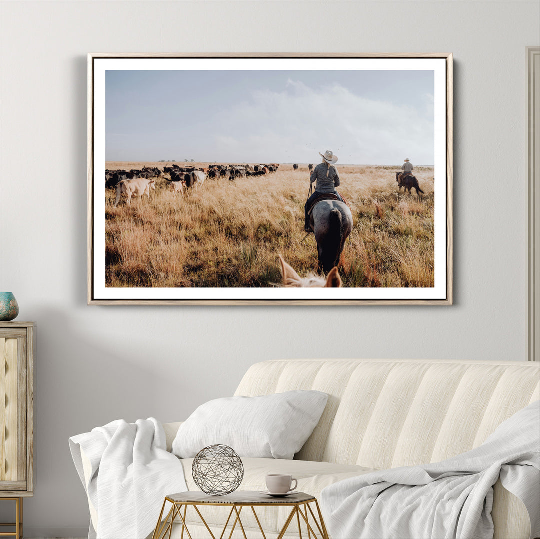 Western Wall Art Wall Art Canvas Print, Framed Cowboy Canvas Art Picture Print, Cattle Drive Scene Perfect Rustic Western Decor Artwork