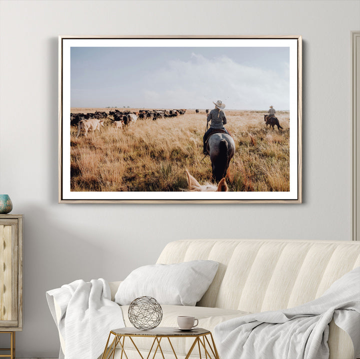 Western Wall Art Wall Art Canvas Print, Framed Cowboy Canvas Art Picture Print, Cattle Drive Scene Perfect Rustic Western Decor Artwork
