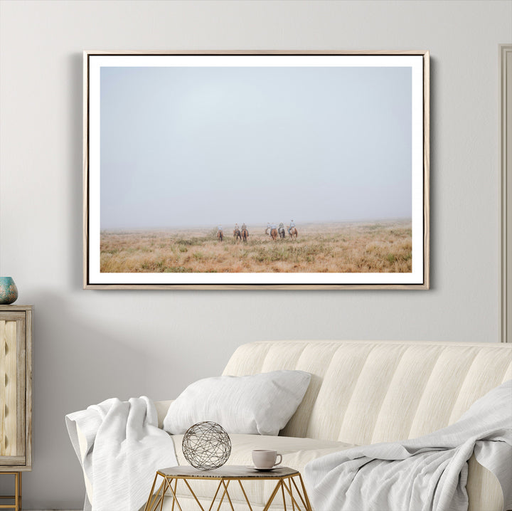 Foggy Plains Wall Art Canvas Print, Framed Horseback Riders Art Picture Print, Rustic Western Perfect Rustic Western Decor Artwork