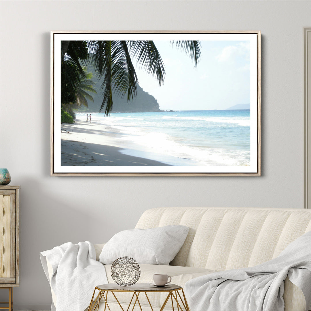 Tropical Beach Wall Art Canvas Print, Framed Serene Ocean Art Picture Print, Palm Tree Shadows Perfect Tropical Coastal Decor Artwork
