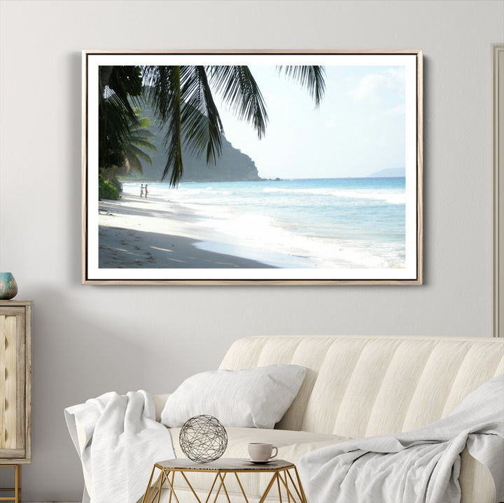 Tropical Beach Wall Art Canvas Print, Framed Serene Ocean Art Picture Print, Palm Tree Shadows Perfect Tropical Coastal Decor Artwork