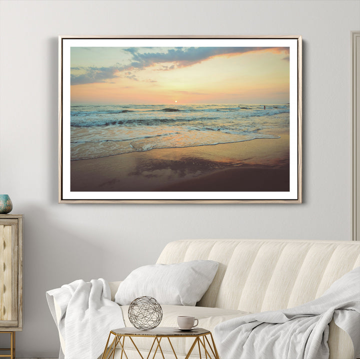 Sunset Seascape Wall Art Canvas Print, Framed Pastel Ocean View Art Picture Print, Tranquil Shoreline Perfect Boho Coastal Decor Artwork