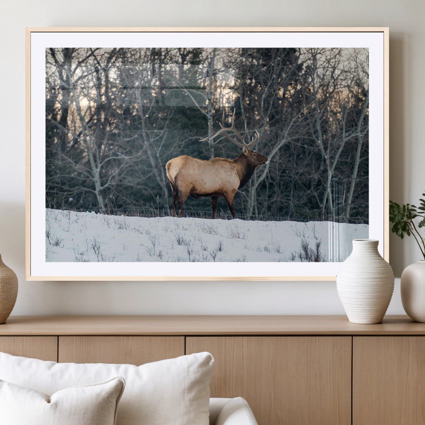 A majestic elk with large antlers standing in a snowy field against a winter forest backdrop, perfect for rustic and wildlife-themed home decor.