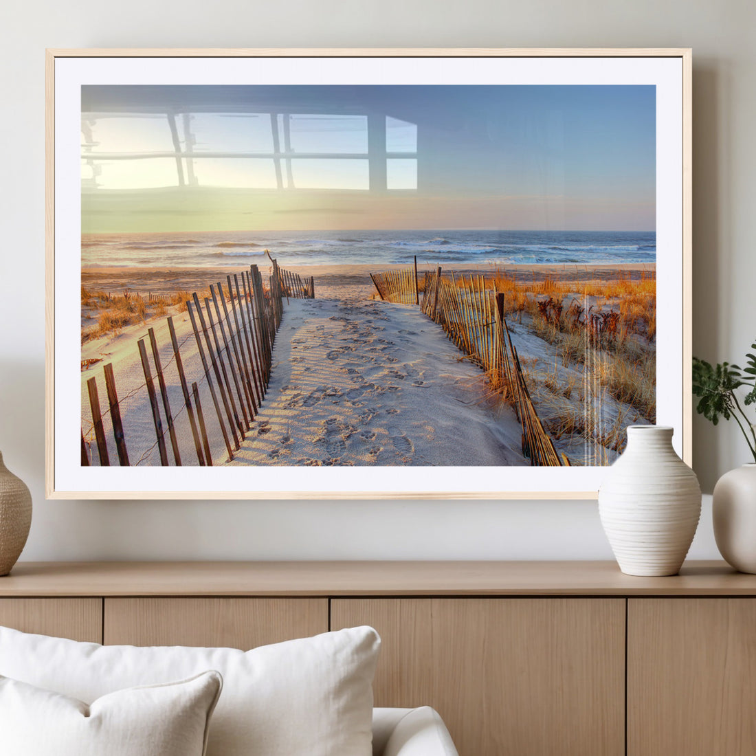 Ocean Sunset Wall Art Canvas Print, Framed Nautical Beach Photography, Summer Beach House Coastal Decor
