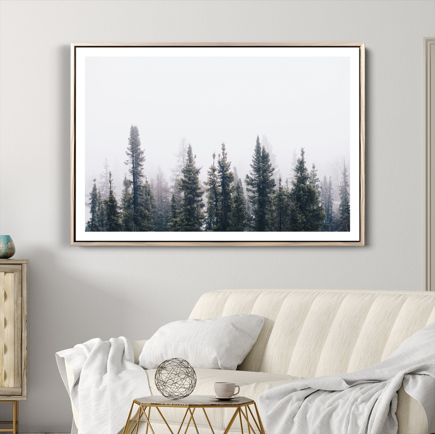 42364796-MGV-CV-36X24-Foggy Forest Wall Art Canvas Print, Framed Misty Pines Art Picture Print, Moody Woodland Perfect Scandinavian Minimalist Decor Artwork