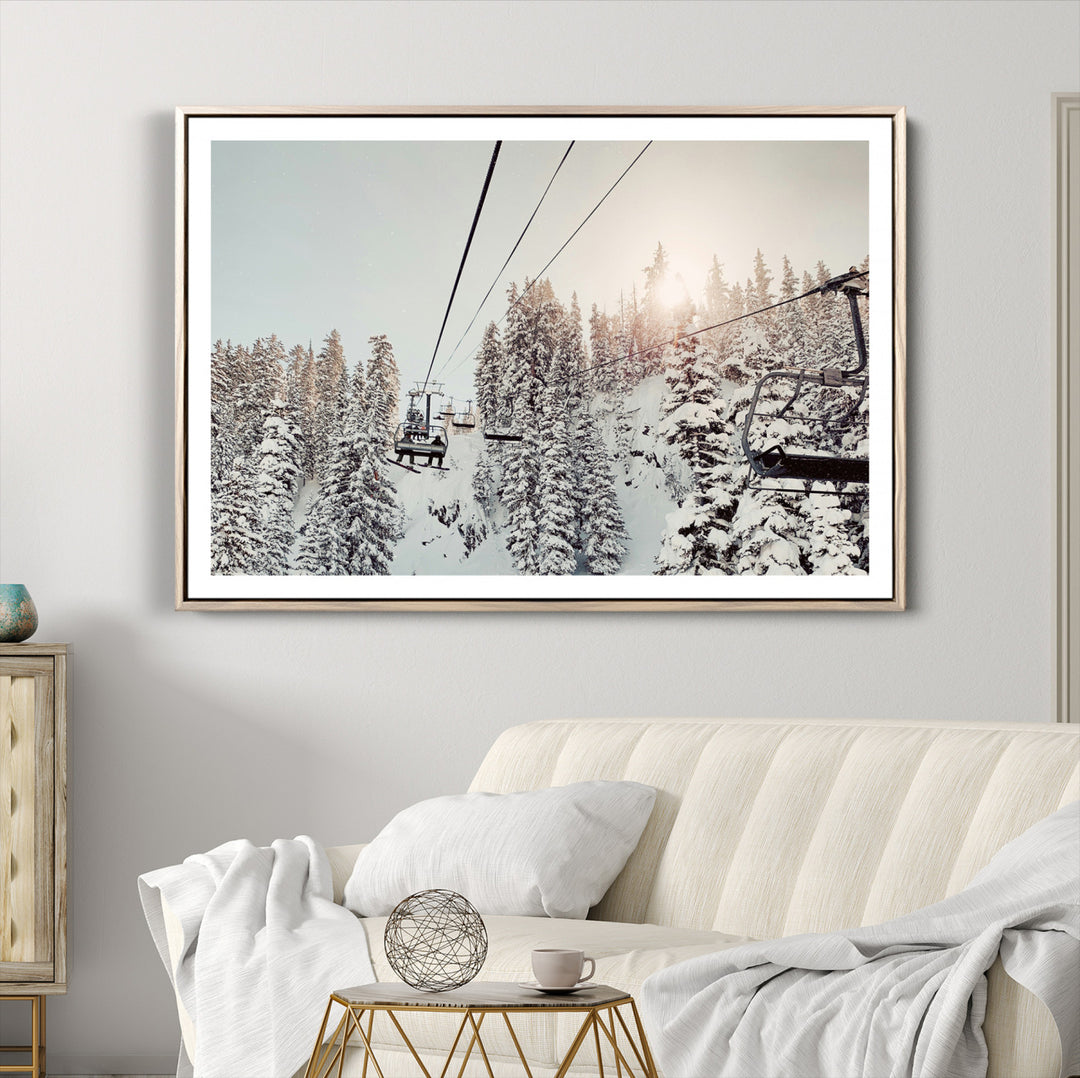91534512-MGV-CV-36X24-Frosty Pines Wall Art Canvas Print, Framed Cozy Cabin View Art Picture Print, Ski Lift Ride Perfect Rustic Lodge Decor Artwork