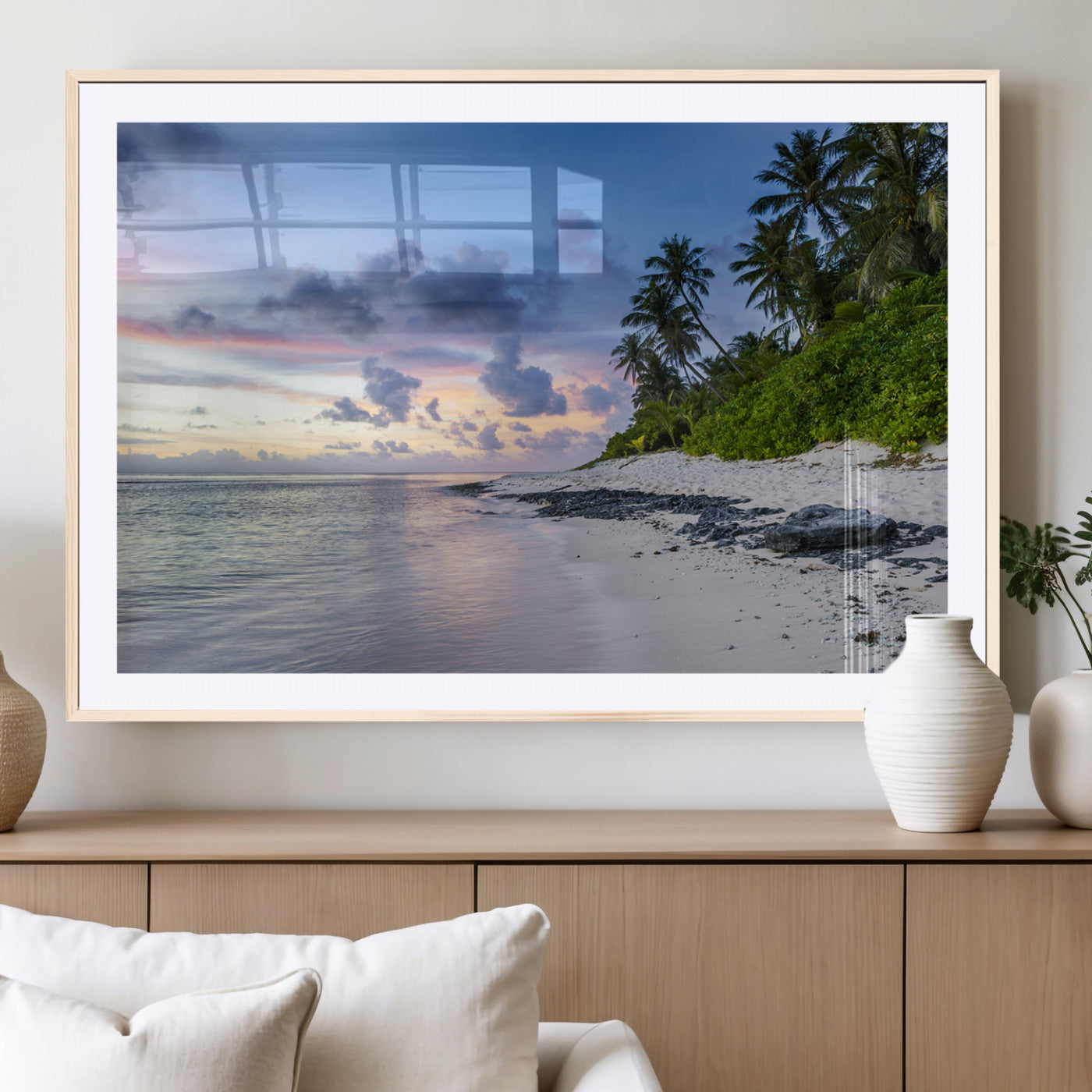 MGC-FP-36x24 - Tropical Beach Wall Art Canvas Print, Framed Sunset Glow Art Picture Print, Palm Tree Coast Perfect Tropical Coastal Decor Artwork