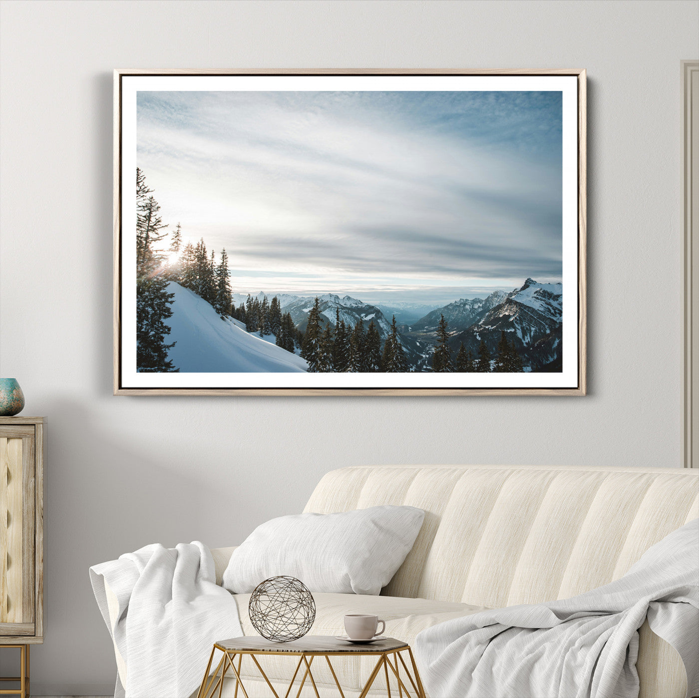 55564749-MGV-CV-36X24-Snowy Mountains Wall Art Canvas Print, Framed Alpine Landscape Art Picture Print, Frosty Peaks Perfect Nordic Minimalist Decor Artwork