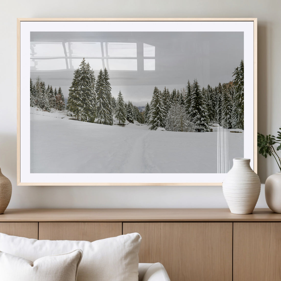 Frosty Pines Wall Art Canvas Print, Framed Silent Snowfall Winter Woodland Artwork