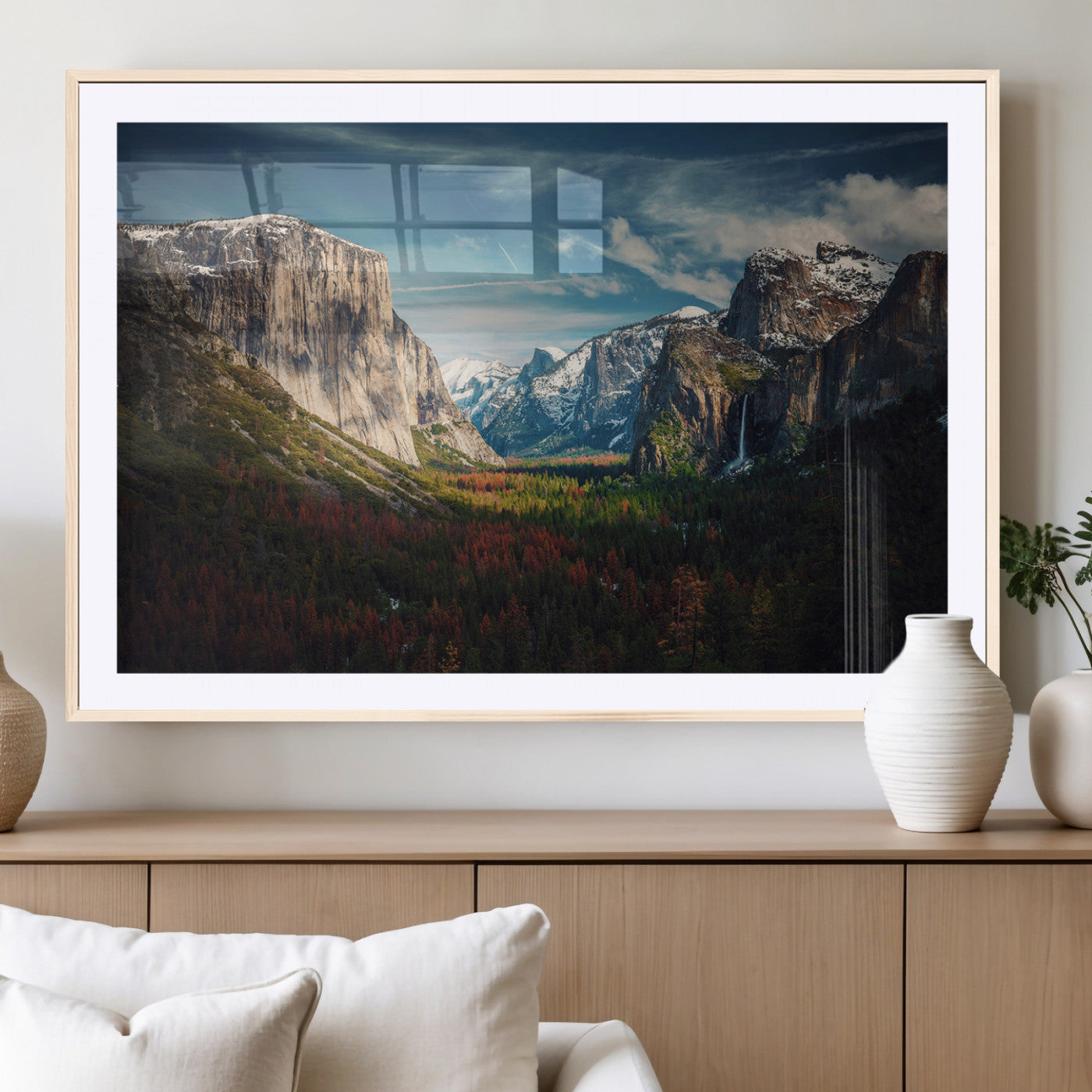 Framed canvas print of Yosemite National Park, featuring El Capitan and a scenic waterfall, ideal for rustic farmhouse or adventure-themed home decor.