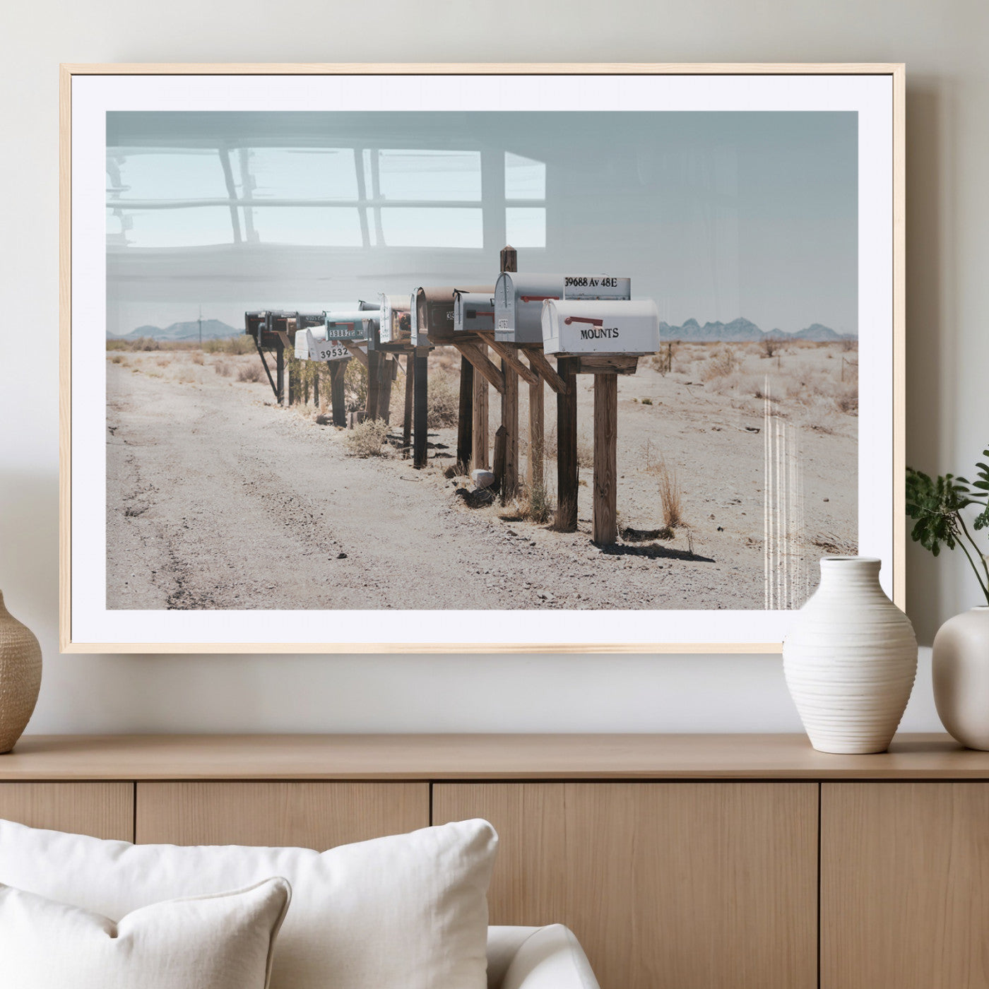 MGC-FP-36x24 - Desert Mailboxes Canvas Print – Minimal Western Landscape Photography, Rustic Americana Wall Art for