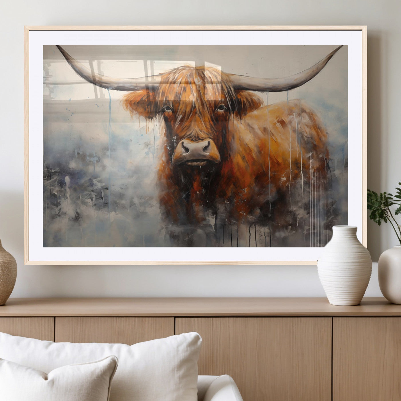 MGC-FP-36x24 - Scottish Highland Wall Art Canvas Print, Framed Longhorn Art Picture Print, Western Cow Perfect Farmhouse Decor Artwork