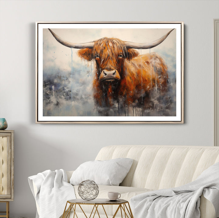 Scottish Highland Wall Art Canvas Print, Framed Longhorn Art Picture Print, Western Cow Perfect Farmhouse Decor Artwork