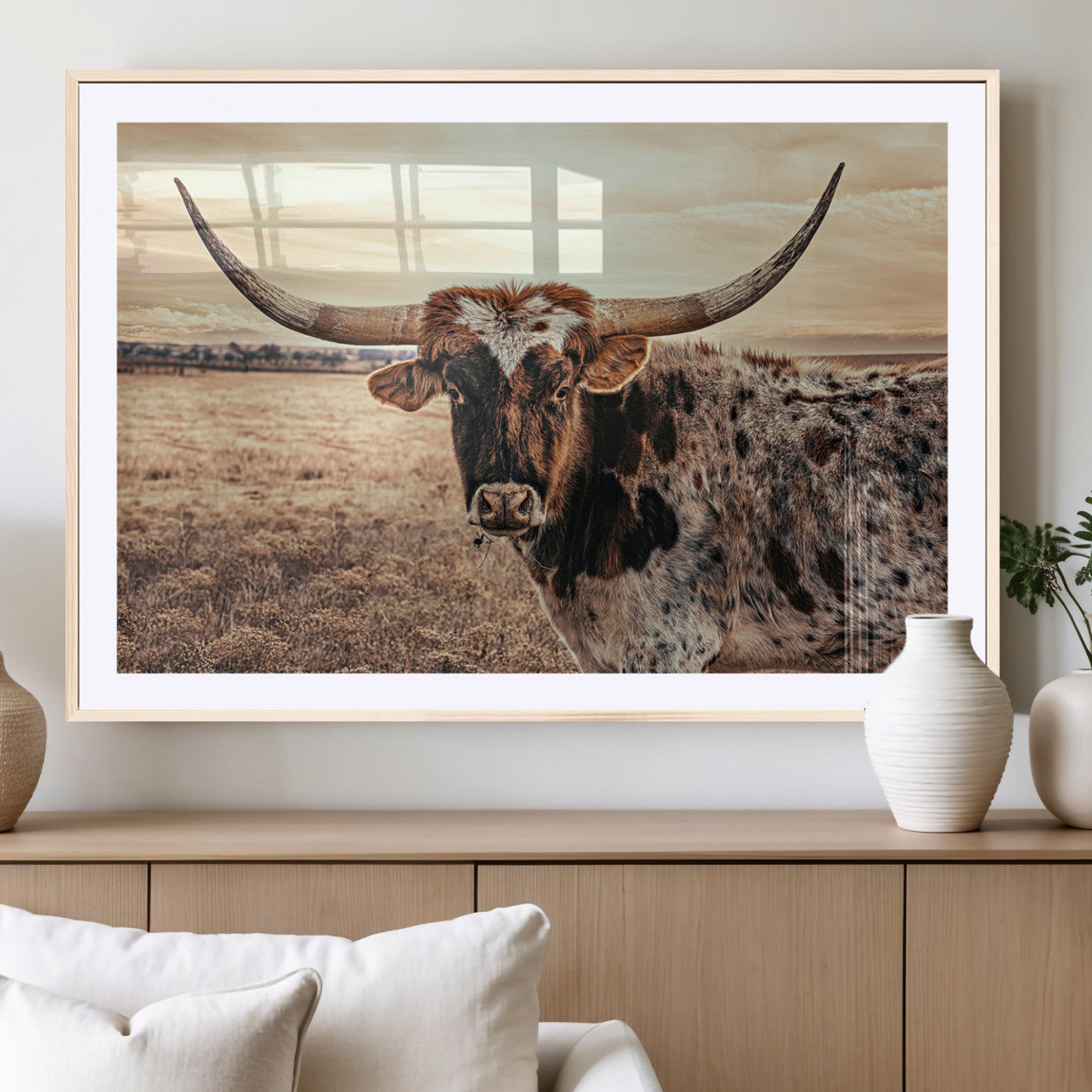Close-up of a longhorn cow with distinctive curved horns standing in a dry grass field under a cloudy sky.