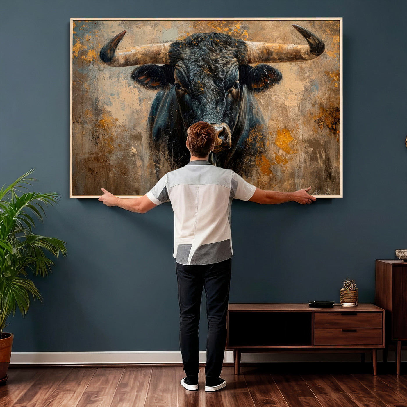 91615410-MGV-CV-36X24 - Abstract Texas Longhorn Bull Wall Art – Rustic Farmhouse Canvas Print, Western Cabin Style Decor, Large Animal Artwork for Living Room or Office