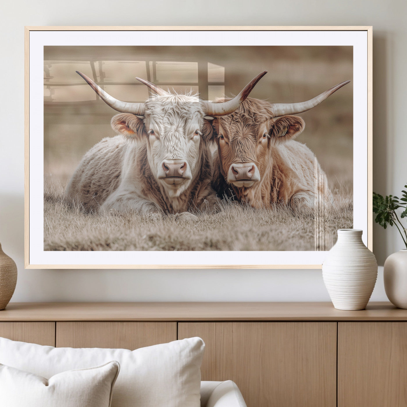 Two Highland cows with long horns lying side by side on a grassy field, featuring soft natural tones and a calm rural setting.